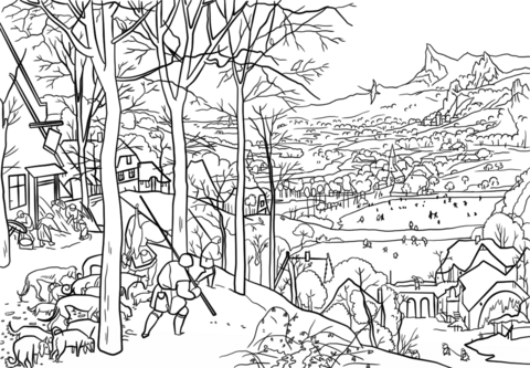 Hunters In The Snow By Pieter Bruegel The Elder Coloring Page